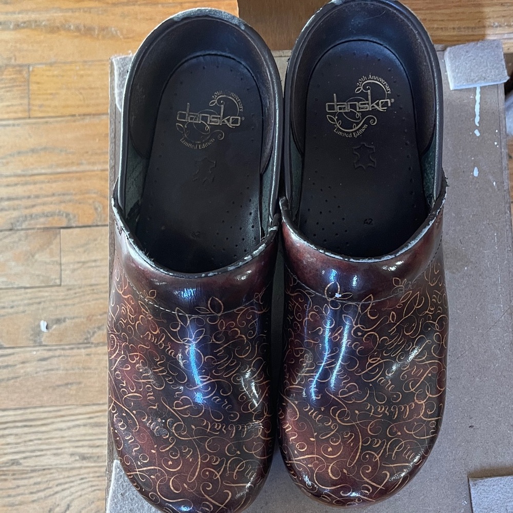 Dansko Brown Hand-Painted Script Leather Clogs